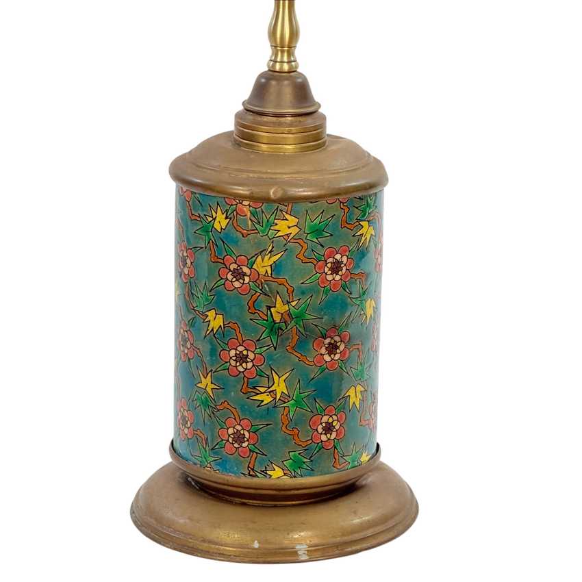 Vintage Asian Style Floral Ceramic Oil Lamp Converted to Electric, Turquoise Green Brass Table Lamp, Rewired