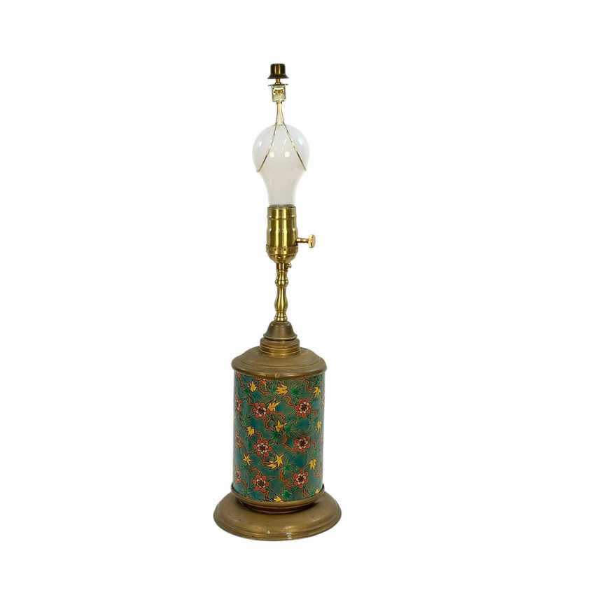 Vintage Asian Style Floral Ceramic Oil Lamp Converted to Electric, Turquoise Green Brass Table Lamp, Rewired