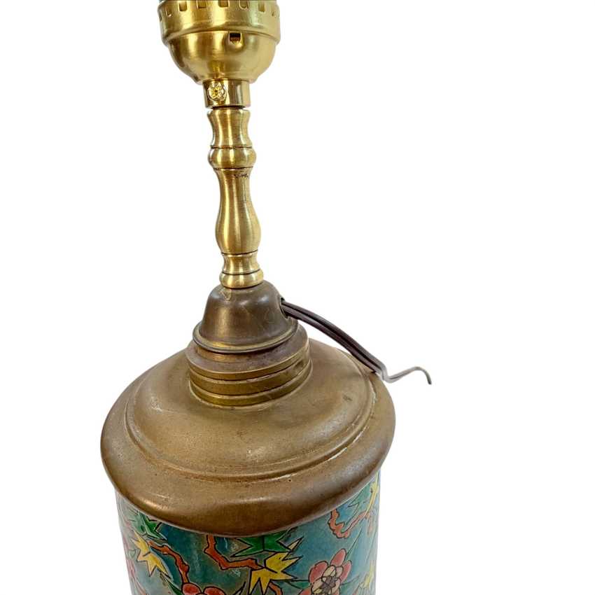 Vintage Asian Style Floral Ceramic Oil Lamp Converted to Electric, Turquoise Green Brass Table Lamp, Rewired
