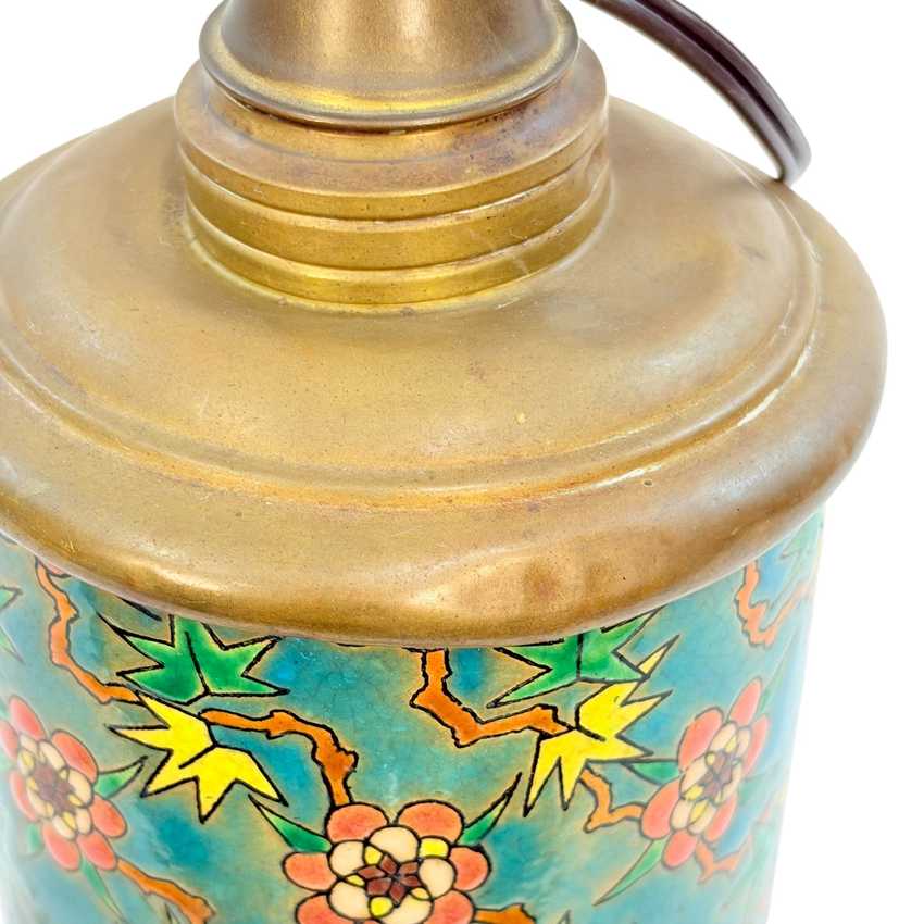Vintage Asian Style Floral Ceramic Oil Lamp Converted to Electric, Turquoise Green Brass Table Lamp, Rewired