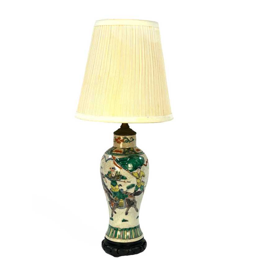 19th Century Antique Chinese Famille Verte Battle Scene Vase Lamp | Crackle Glaze Ge-Ware Warrior Porcelain Light | Hand-Painted Qing Dynasty Curio