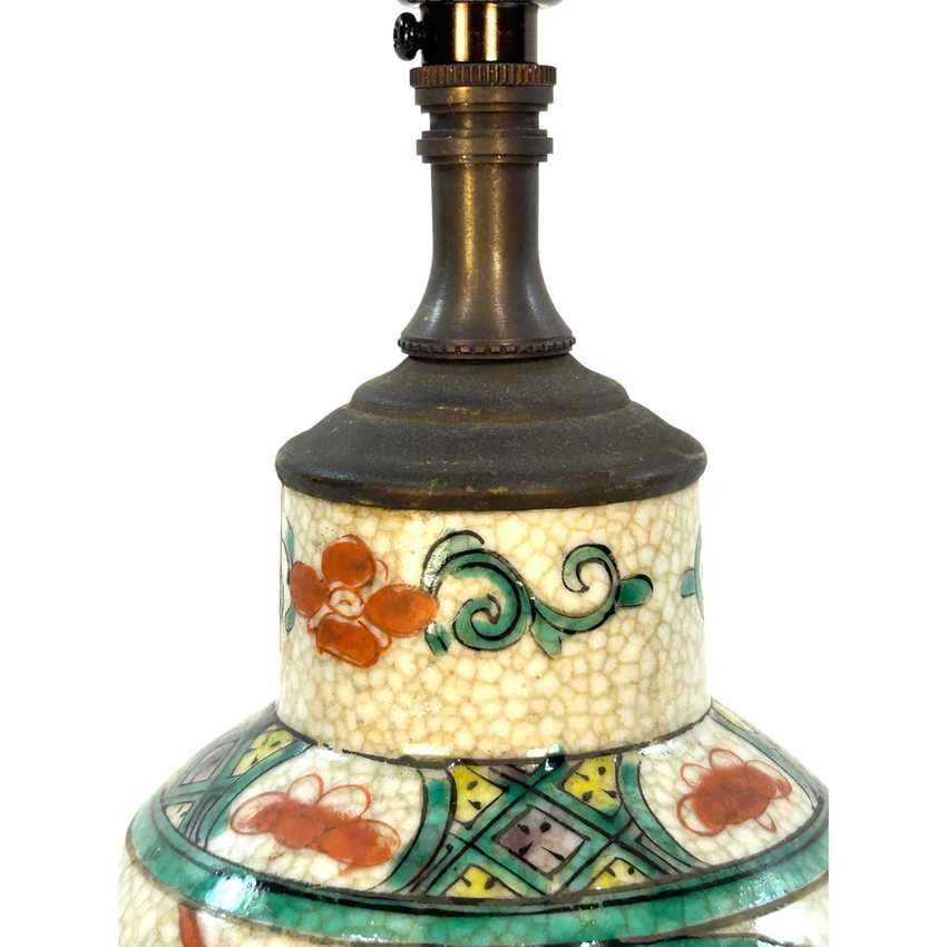 19th Century Antique Chinese Famille Verte Battle Scene Vase Lamp | Crackle Glaze Ge-Ware Warrior Porcelain Light | Hand-Painted Qing Dynasty Curio
