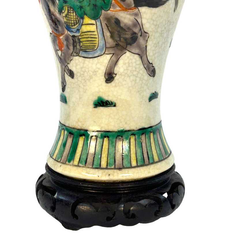 19th Century Antique Chinese Famille Verte Battle Scene Vase Lamp | Crackle Glaze Ge-Ware Warrior Porcelain Light | Hand-Painted Qing Dynasty Curio