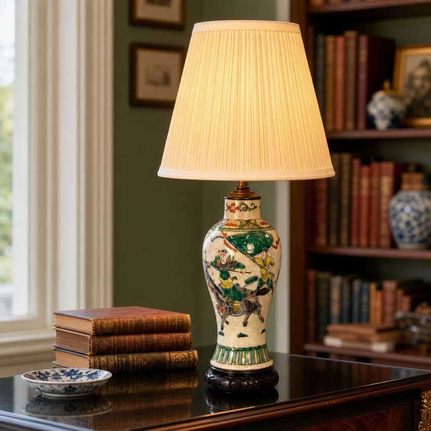 19th Century Antique Chinese Famille Verte Battle Scene Vase Lamp | Crackle Glaze Ge-Ware Warrior Porcelain Light | Hand-Painted Qing Dynasty Curio