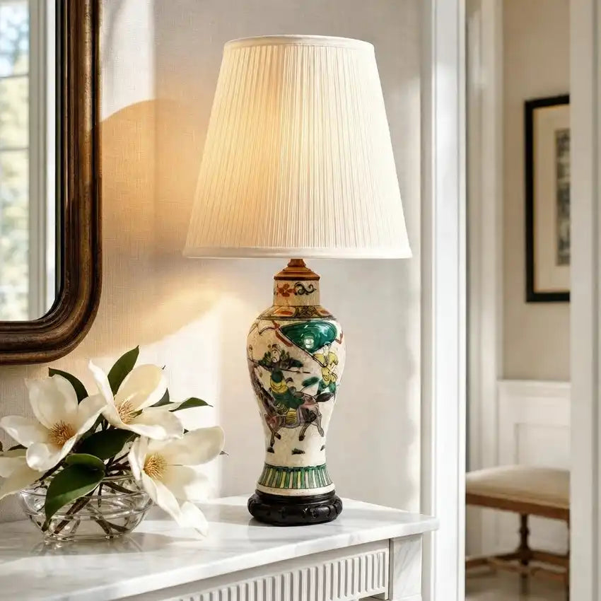 19th Century Antique Chinese Famille Verte Battle Scene Vase Lamp | Crackle Glaze Ge-Ware Warrior Porcelain Light | Hand-Painted Qing Dynasty Curio