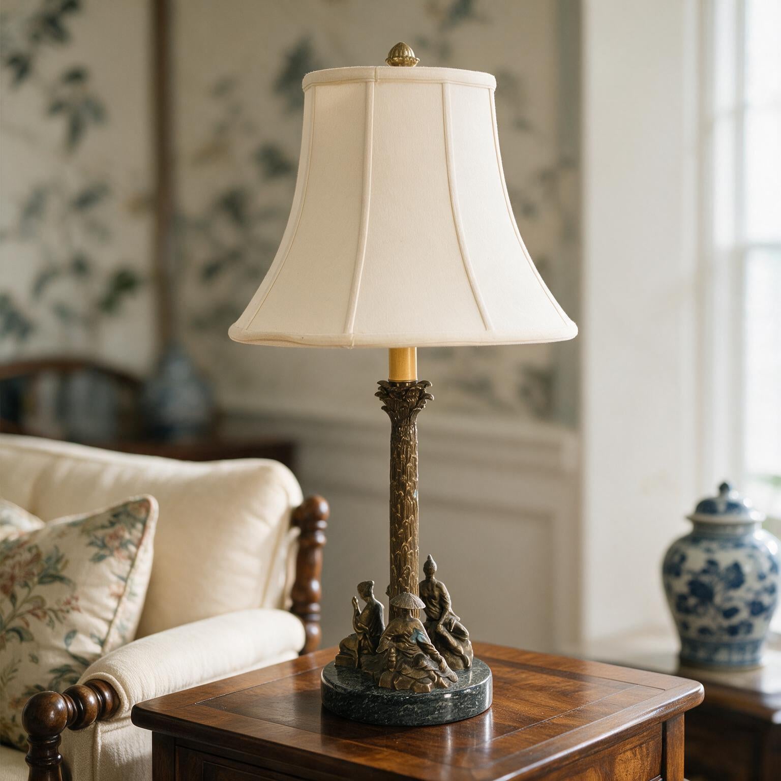 Chinese Chelsea House Vintage Pavillion Lamp, Bronze Pagoda Table Lamp, Chinoiserie Architectural Accent Lamp