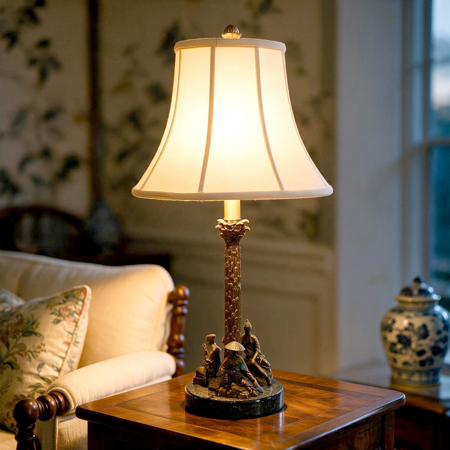 Chinese Chelsea House Vintage Pavillion Lamp, Bronze Pagoda Table Lamp, Chinoiserie Architectural Accent Lamp