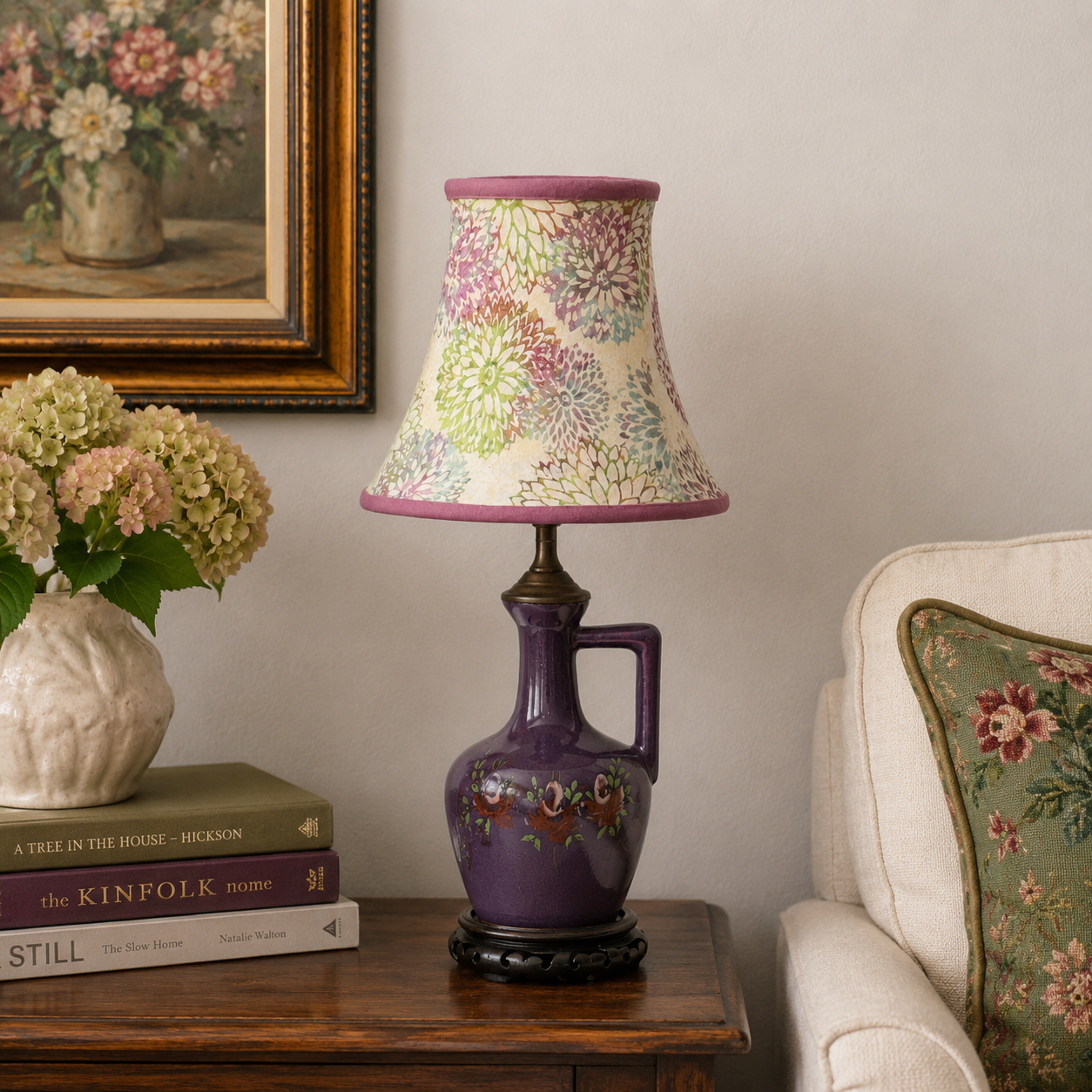 Hand Sewn Bell Lampshade – Hoffman Vanilla Chrysanthemums Batik Fabric – Small Floral Vintage Style Shade