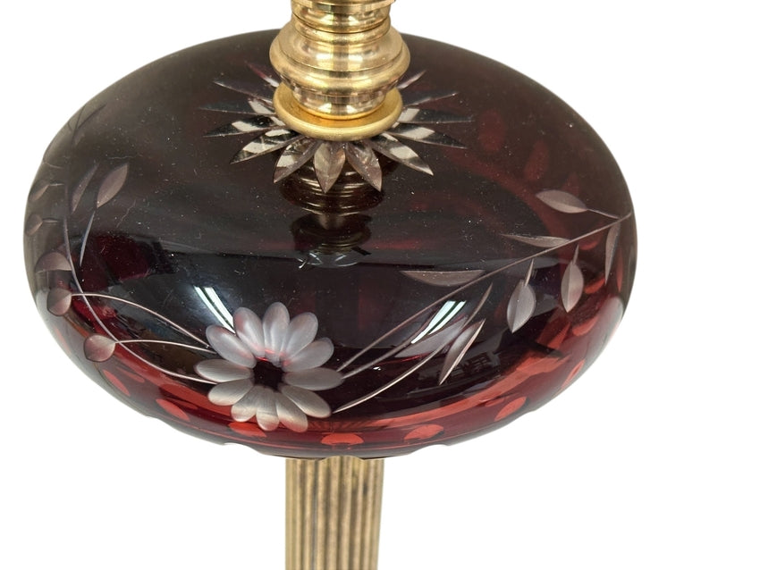 Cranberry Cut to Clear with Floral Pattern Lamp