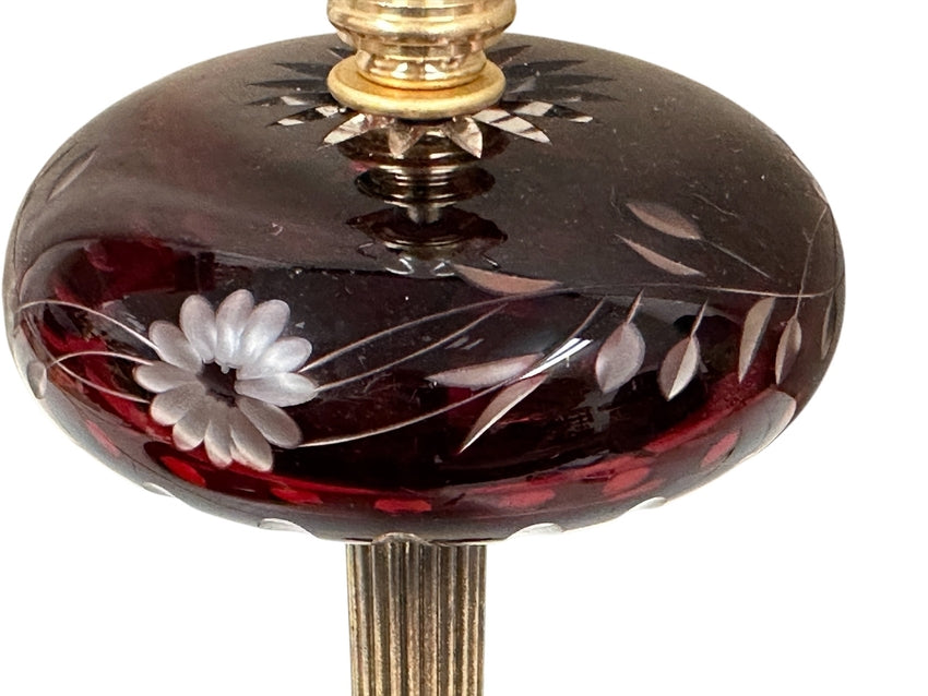 Cranberry Cut to Clear with Floral Pattern Lamp