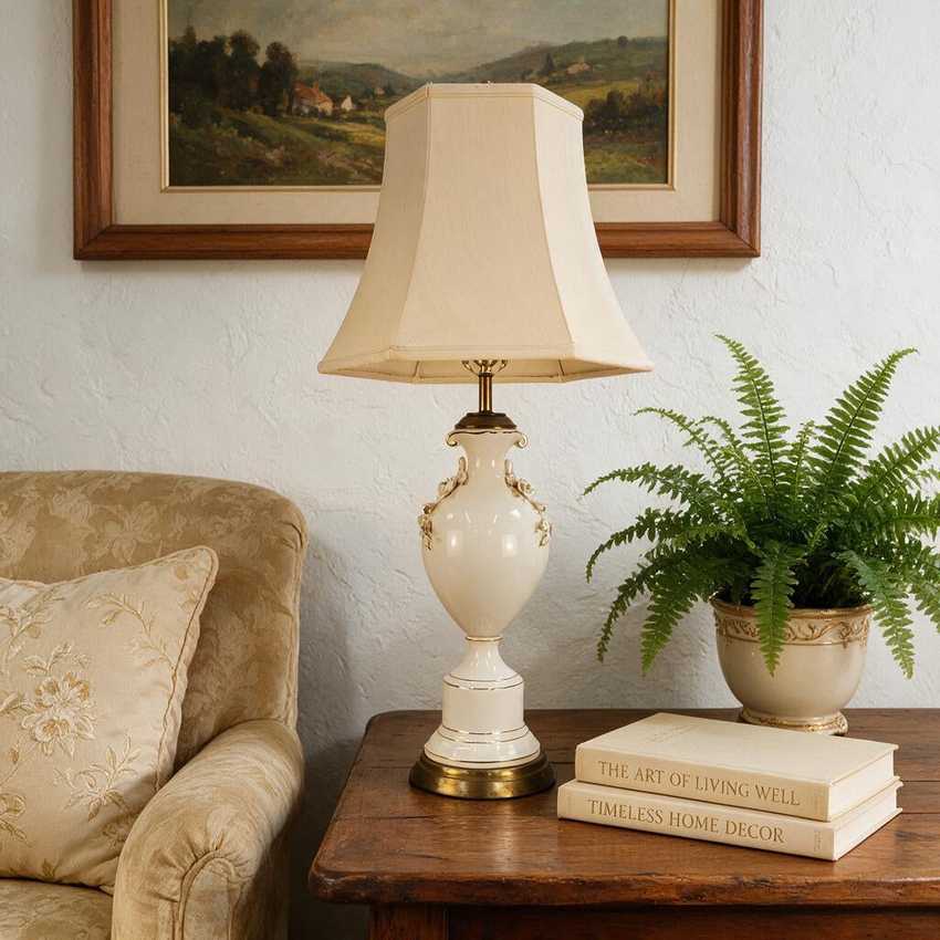 Tall Vintage Ceramic Floral Relief Vase Lamp | Cream Porcelain Table Light with Gold Tipped 3D Flowers | Elegant Grandmillennial Hollywood Regency Decor