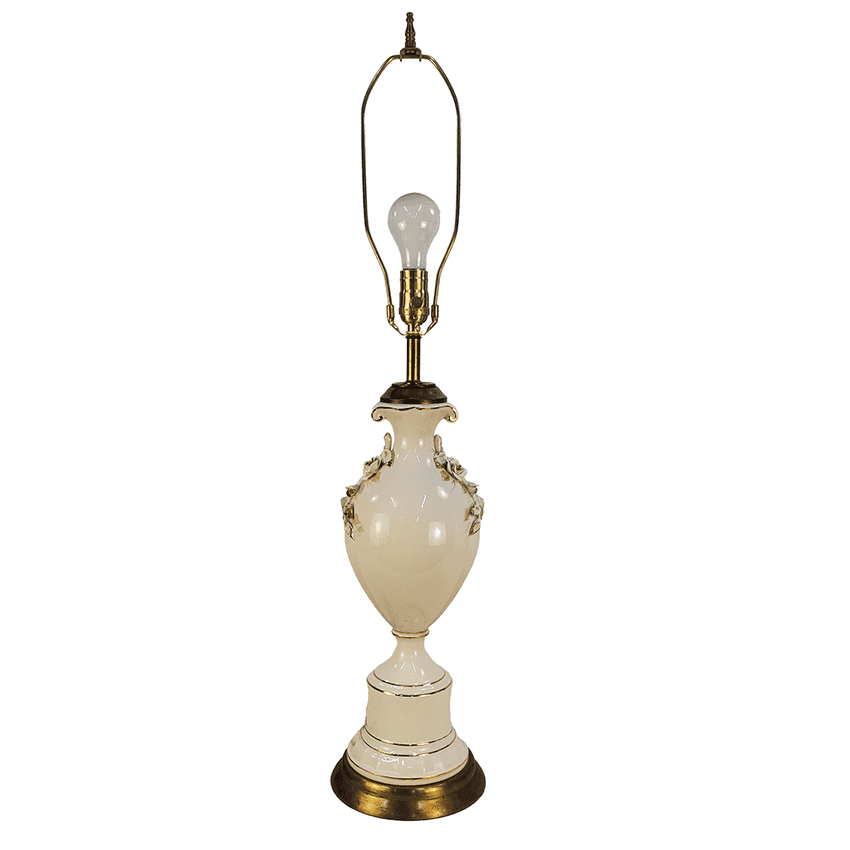 Tall Vintage Ceramic Floral Relief Vase Lamp | Cream Porcelain Table Light with Gold Tipped 3D Flowers | Elegant Grandmillennial Hollywood Regency Decor