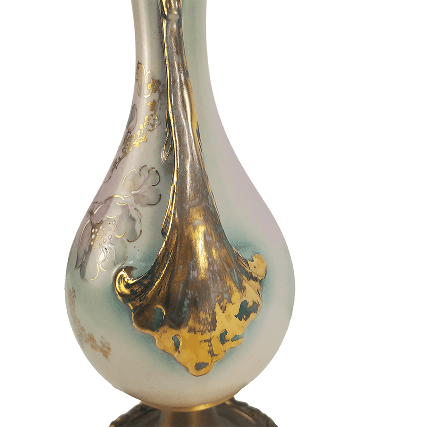 Antique Style Hand Painted Floral Ceramic Vase Lamp | Gilt Handle Accent Table Lamp | Victorian & Art Nouveau Curio Decor