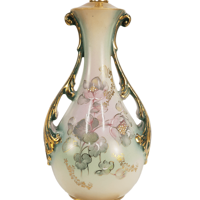 Antique Style Hand Painted Floral Ceramic Vase Lamp | Gilt Handle Accent Table Lamp | Victorian & Art Nouveau Curio Decor