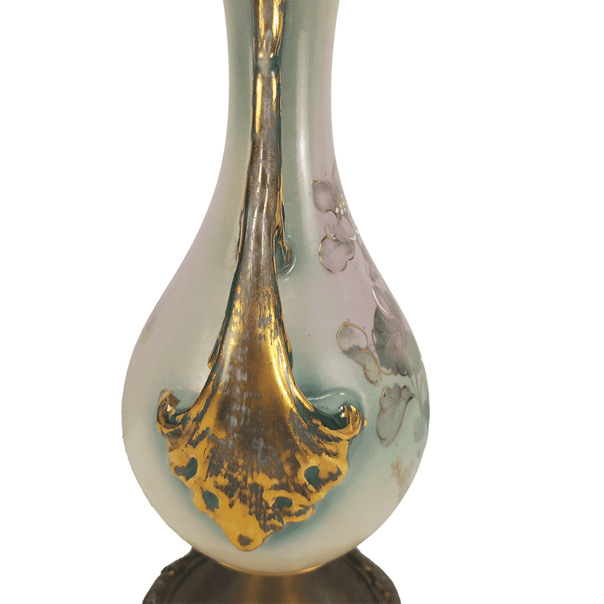 Antique Style Hand Painted Floral Ceramic Vase Lamp | Gilt Handle Accent Table Lamp | Victorian & Art Nouveau Curio Decor