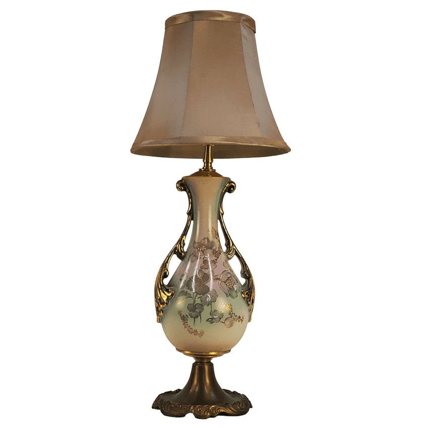 Antique Style Hand Painted Floral Ceramic Vase Lamp | Gilt Handle Accent Table Lamp | Victorian & Art Nouveau Curio Decor
