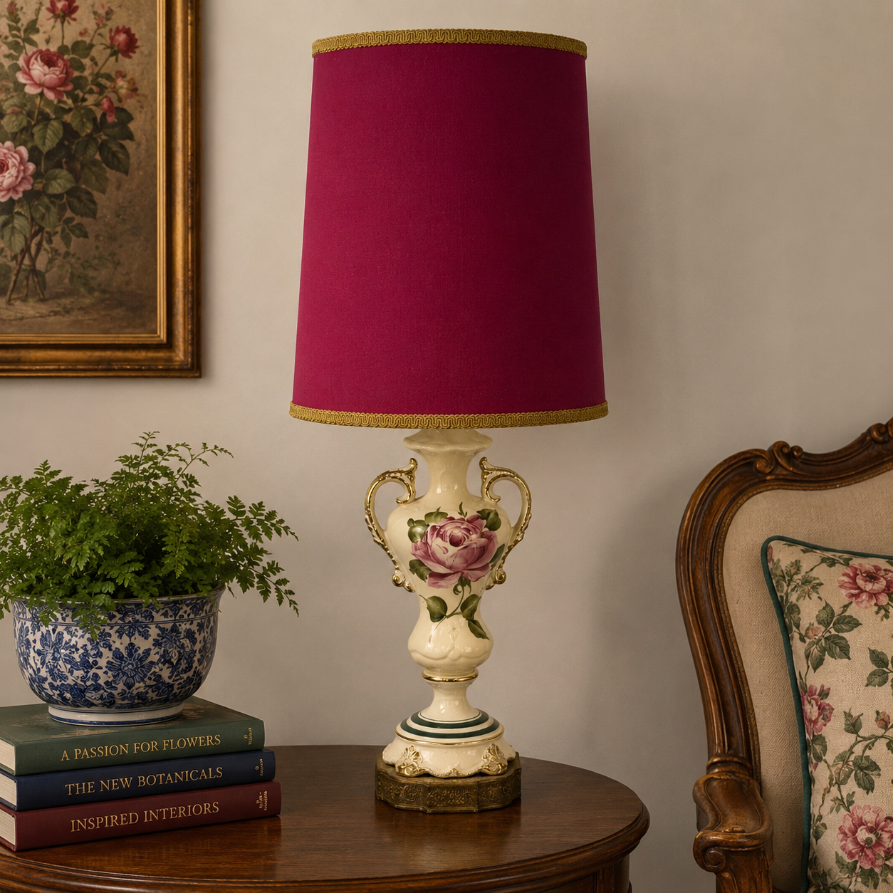 An ornate table lamp with a deep magenta fabric shade, gold fringe trim, and a cream-colored ceramic base decorated with a pink rose and gold accents, styled on a wooden side table in a vintage room setting.