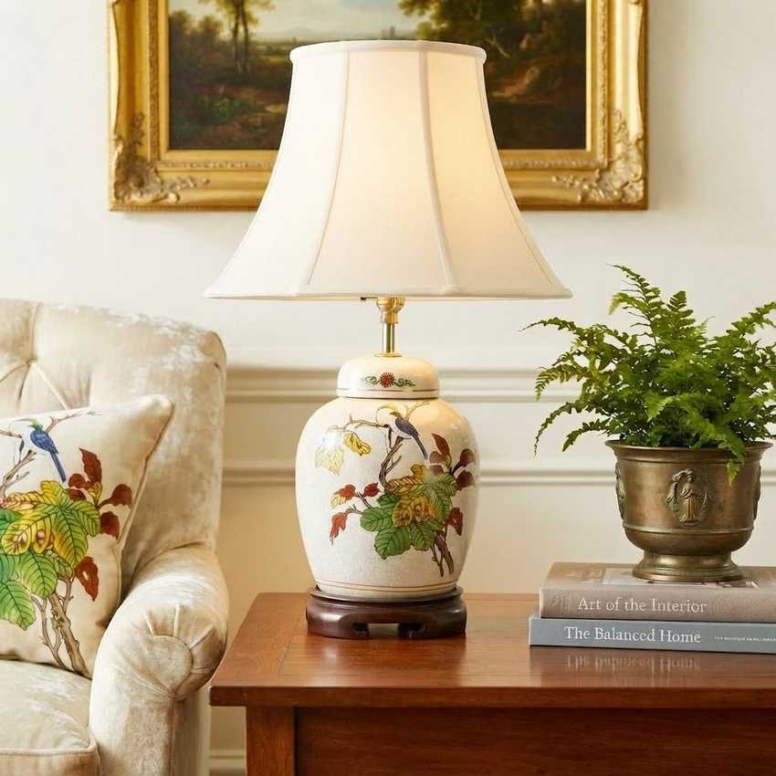 Vintage Ginger Jar Lamp Colorful Birds Lamp; Foliage Ceramic Chinoiserie Table Lamp Asian Decor Traditional Grandmillennial