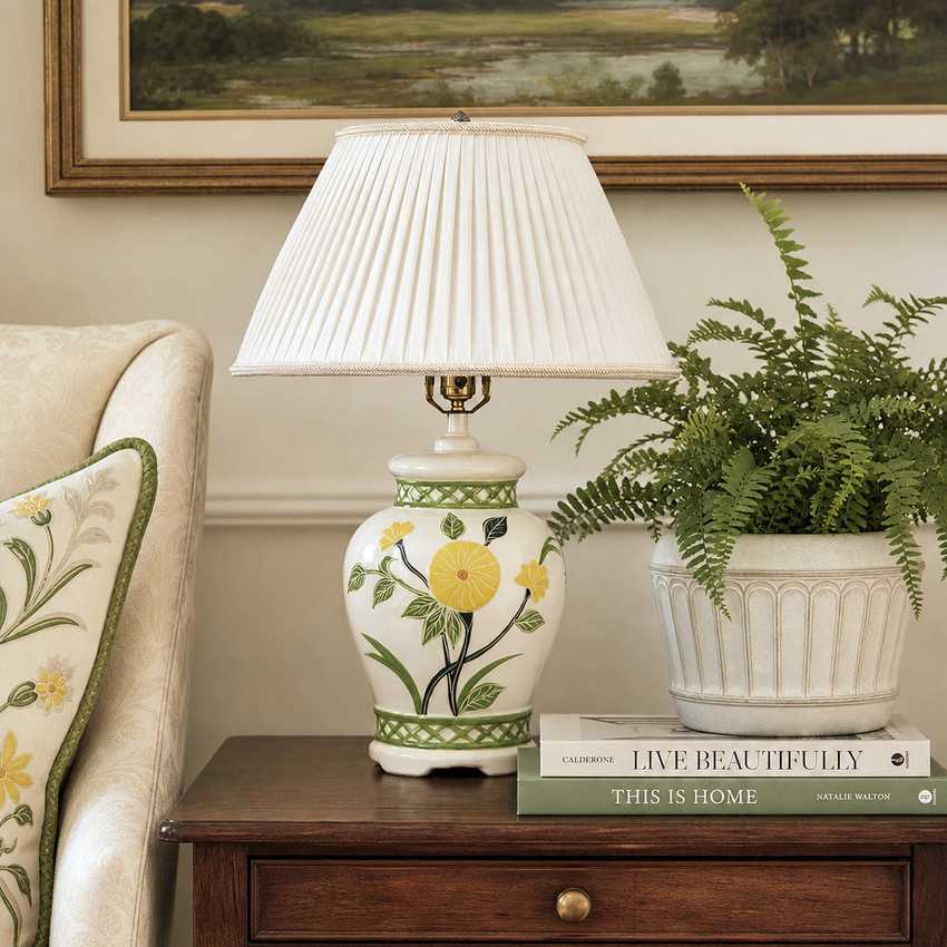 Vintage Chinoiserie White Ginger Jar 3-Way Table Lamp with Yellow Florals