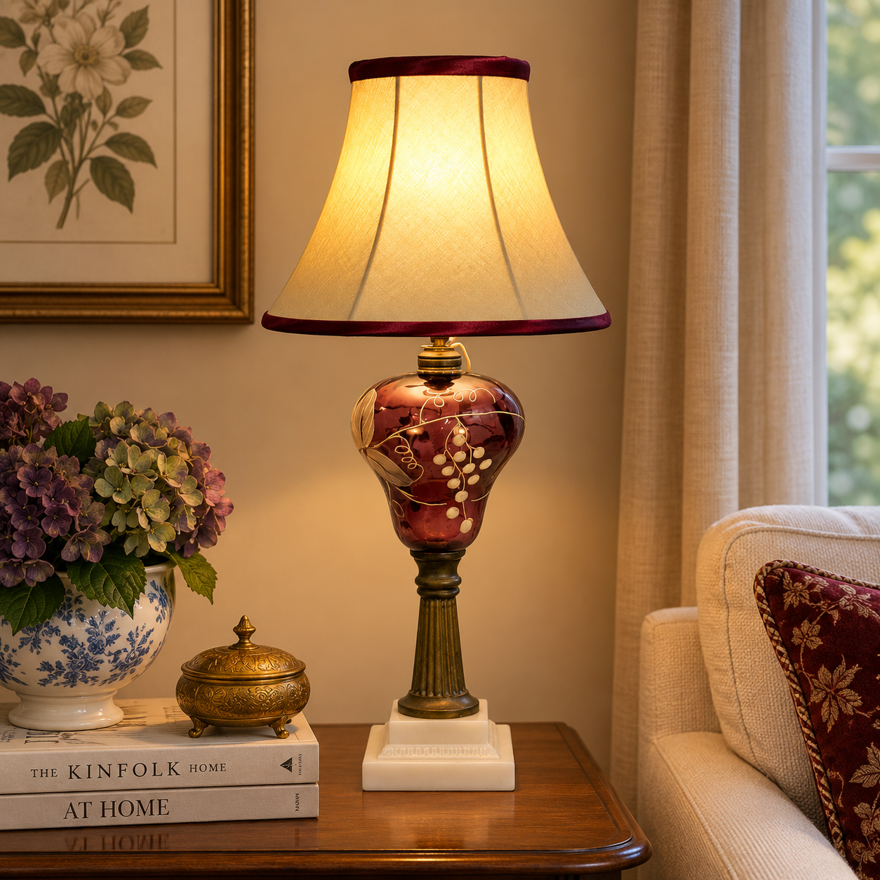 A decorative table lamp with a warm glowing cream shade, a glossy burgundy glass body with gold floral detailing, and a gold-toned pedestal base, placed on a wooden side table in a cozy living room setting.