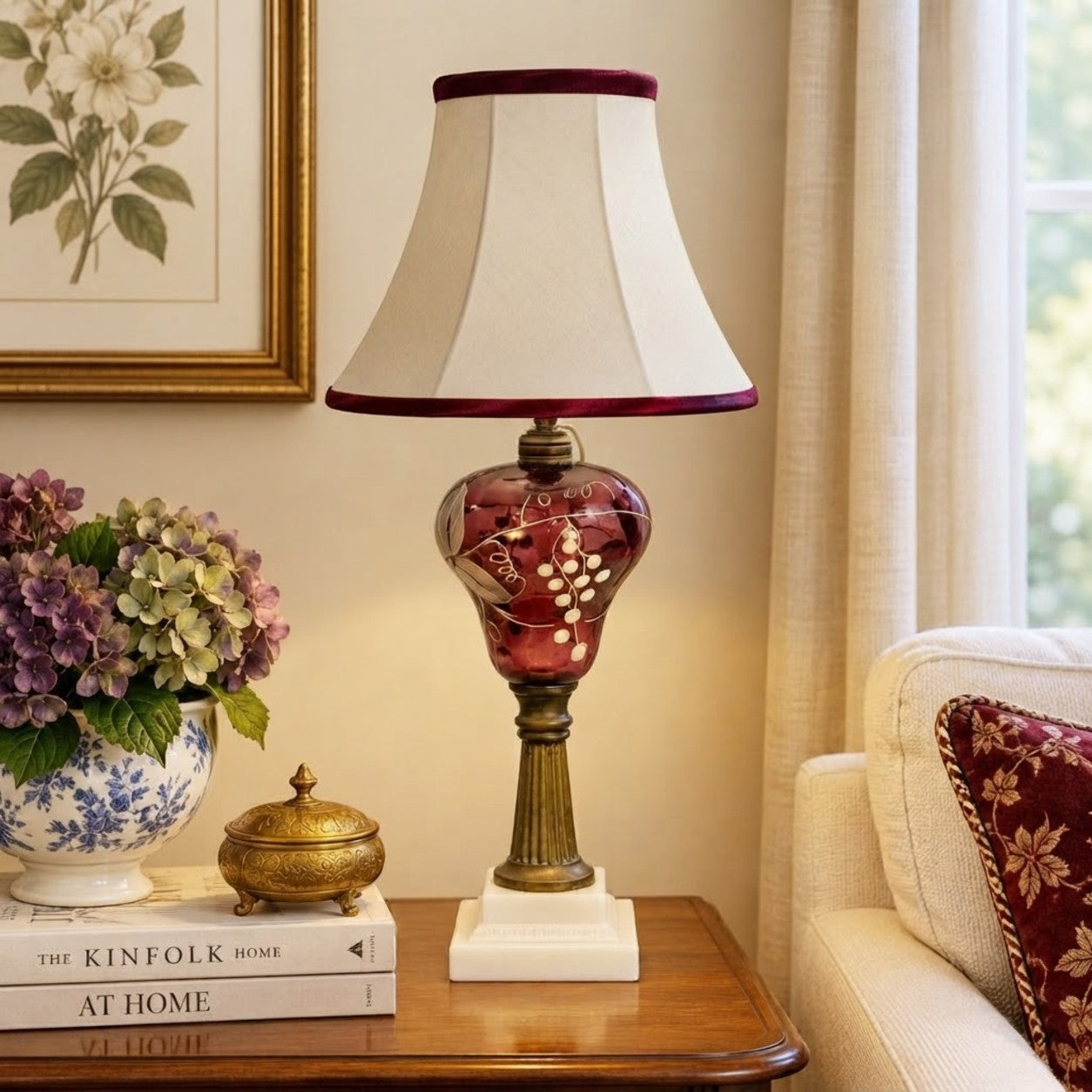 Vintage Amethyst Glass Lamp Hand Painted Grapes Lamp; Vines Brass White Glass Base 23”