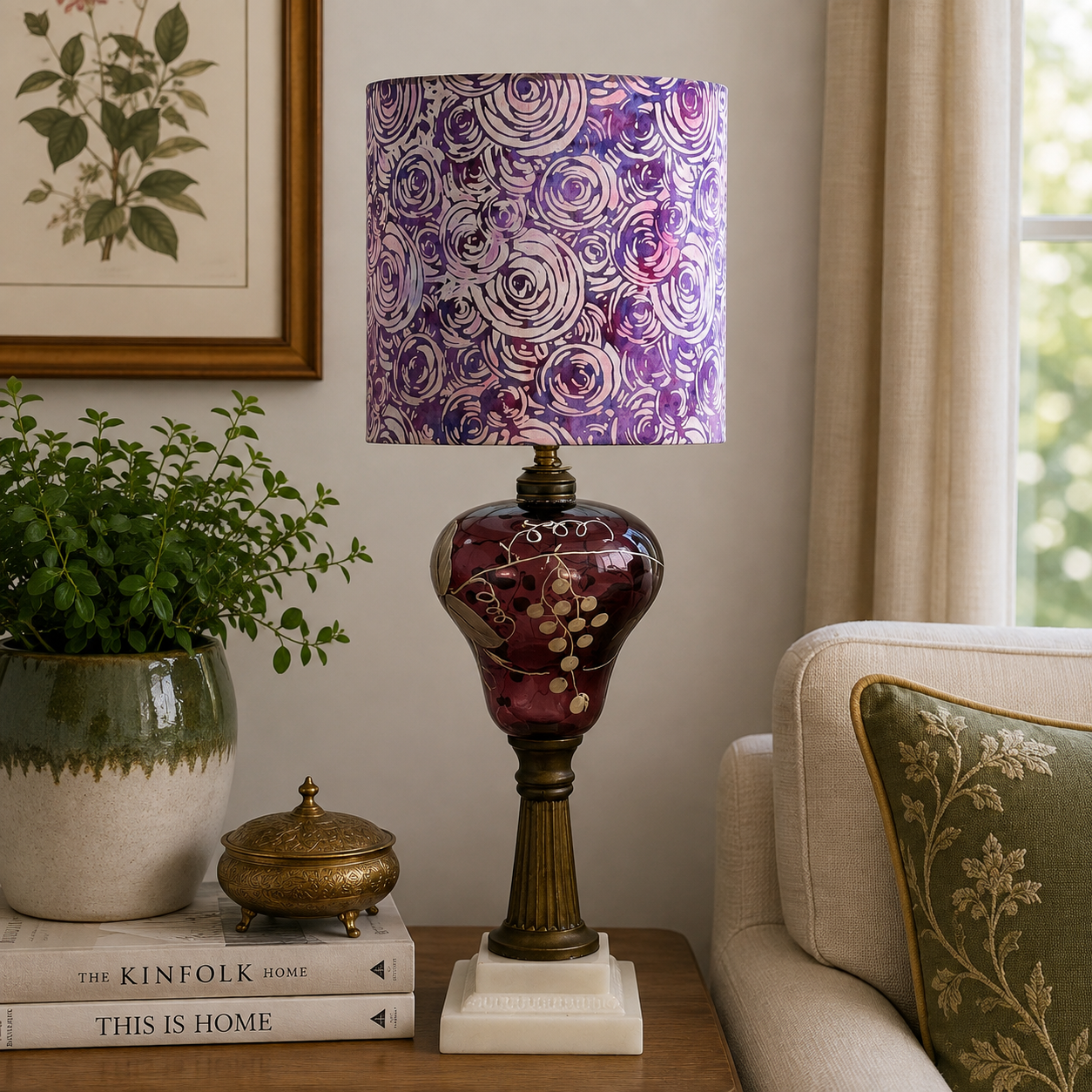 A decorative table lamp with a purple and white rose-patterned drum shade and a translucent burgundy glass body with gold grape detailing, set on a wooden side table in a styled living room.