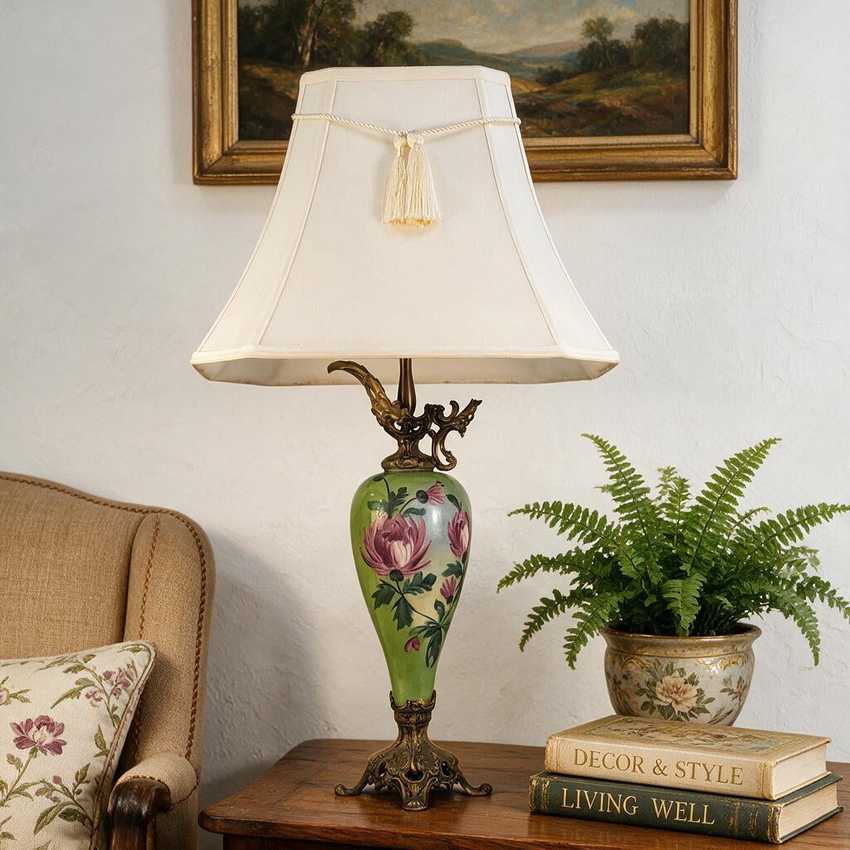 Vintage Hand Painted Green Floral Porcelain Ewer Lamp | Ornate Cast Metal Pedestal Base Accent Light | Antique Pitcher Boudoir Curio Lamp