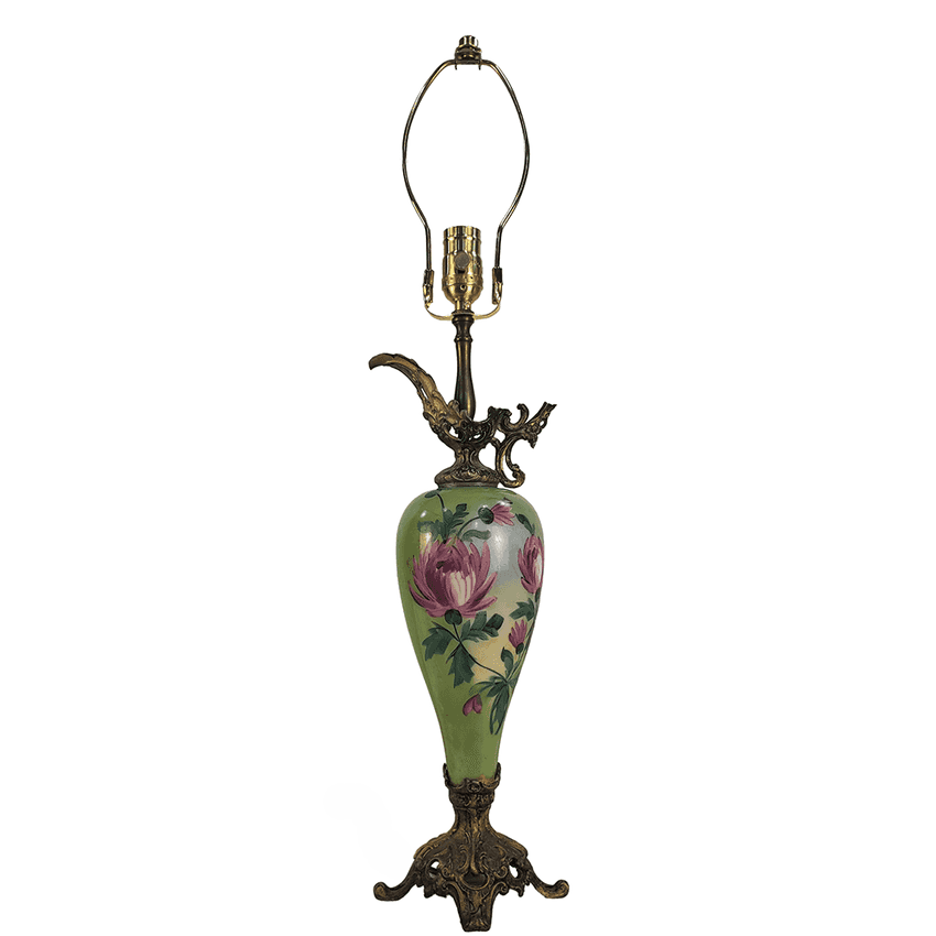 Vintage Hand Painted Green Floral Porcelain Ewer Lamp | Ornate Cast Metal Pedestal Base Accent Light | Antique Pitcher Boudoir Curio Lamp