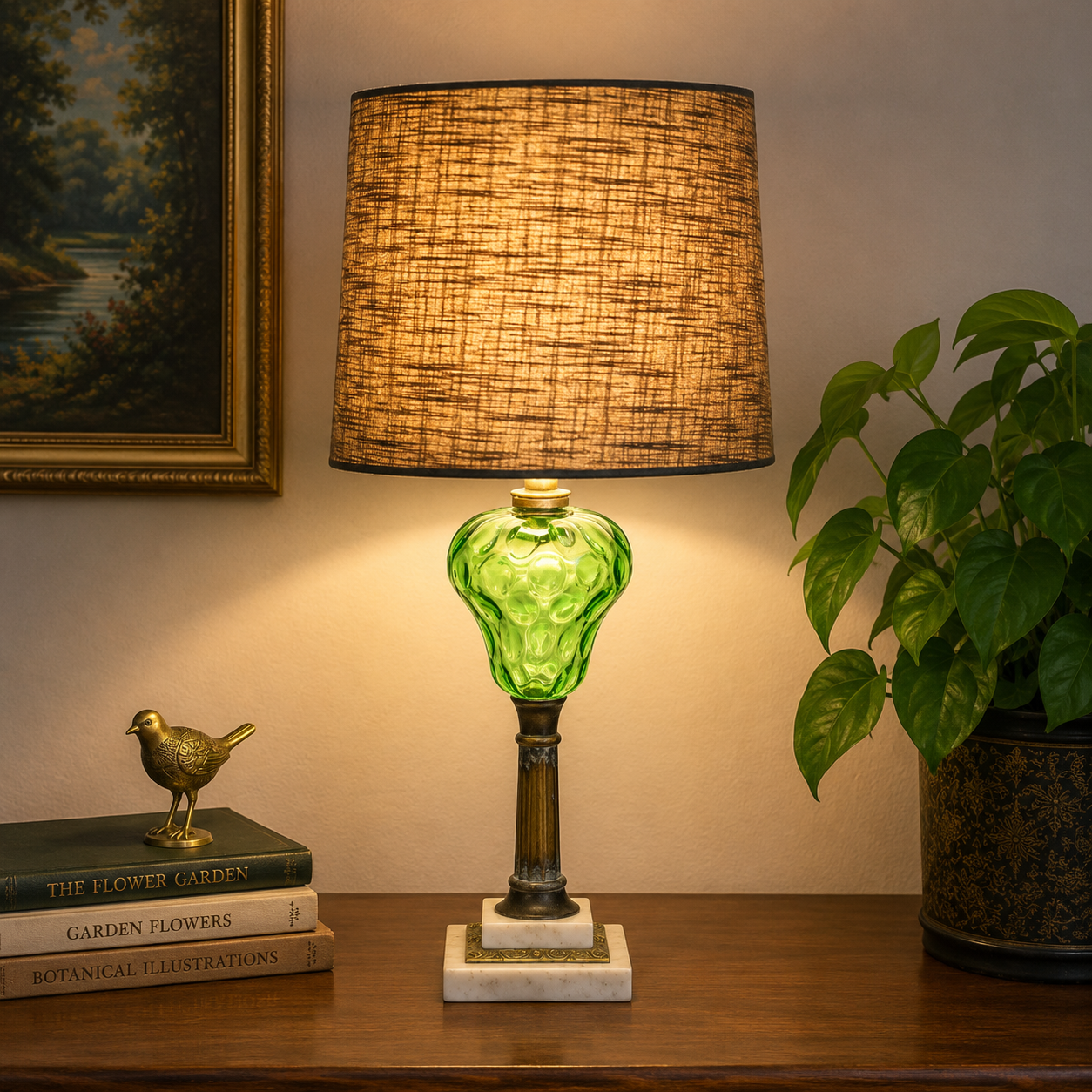 Antique Electrified Oil Lamp – Emerald Green Thumbprint Glass, Brass Lamp; Marble Base – 24” Table Lamp
