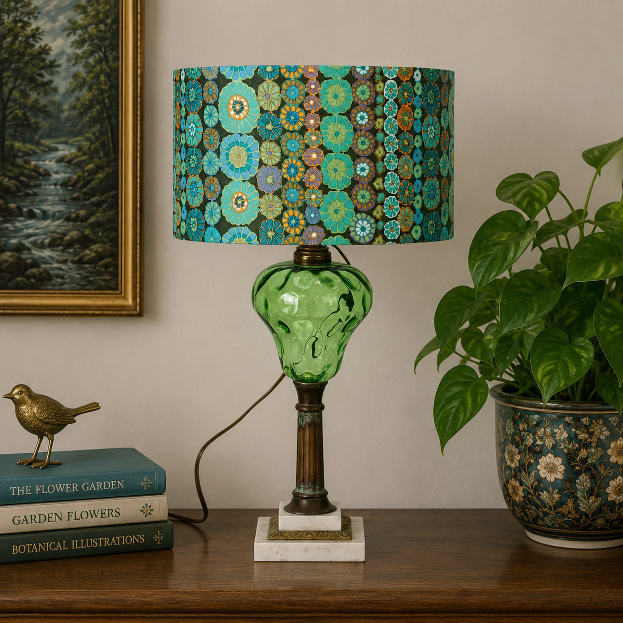 Antique Electrified Oil Lamp – Emerald Green Thumbprint Glass, Brass Lamp; Marble Base – 24” Table Lamp