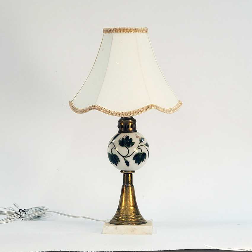 Vintage Hand Painted Milk Glass Botanical Globe Lamp with Marble Base