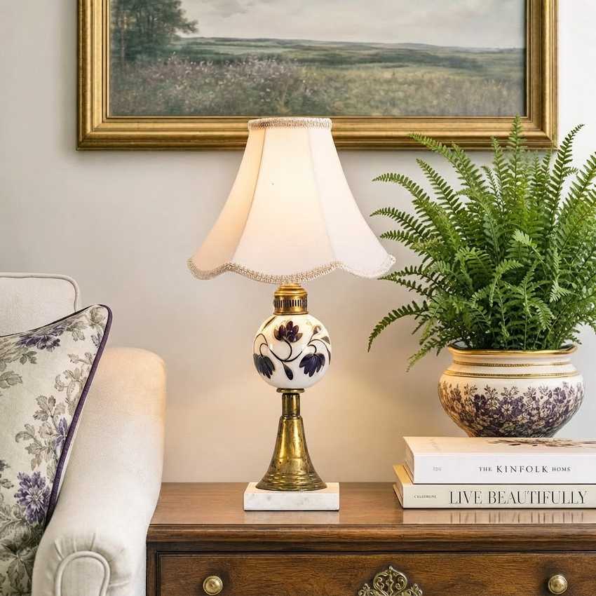Vintage Hand Painted Milk Glass Botanical Globe Lamp with Marble Base