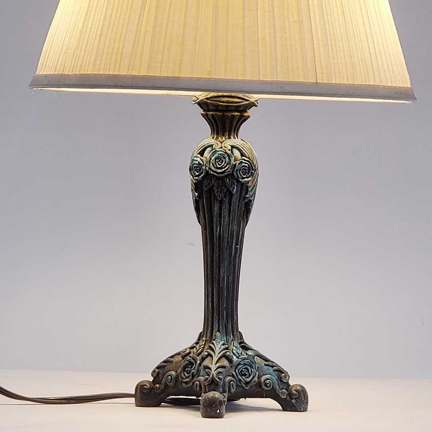 Vintage Style Ornate Faux Brass Resin Rose Lamp with Teal Patina Accents