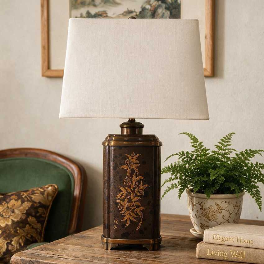 Vintage Asian Leather Wrapped Brass Table Lamp 28.5" | Heavy Brass Lamp; Dark Leather | 3-Way | Chinoiserie Decor