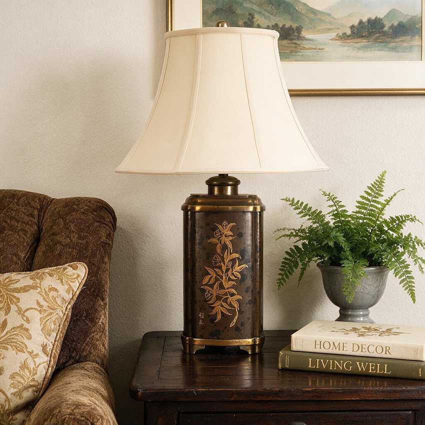 Vintage Asian Leather Wrapped Brass Table Lamp 28.5" | Heavy Brass Lamp; Dark Leather | 3-Way | Chinoiserie Decor