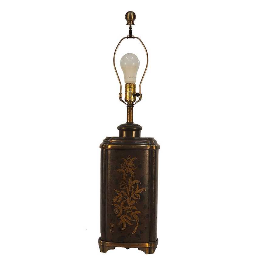 Vintage Asian Leather Wrapped Brass Table Lamp 28.5" | Heavy Brass Lamp; Dark Leather | 3-Way | Chinoiserie Decor