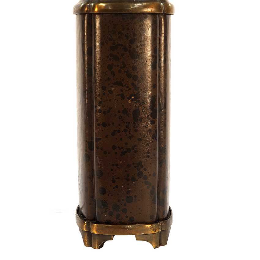 Vintage Asian Leather Wrapped Brass Table Lamp 28.5" | Heavy Brass Lamp; Dark Leather | 3-Way | Chinoiserie Decor