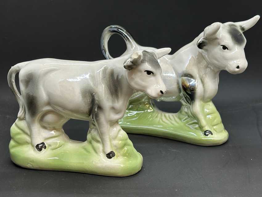Vintage Opalescent Brazilian Cow Bull Pair, Glazed Ceramic Figurines, Collectible Animal Ceramic Animal