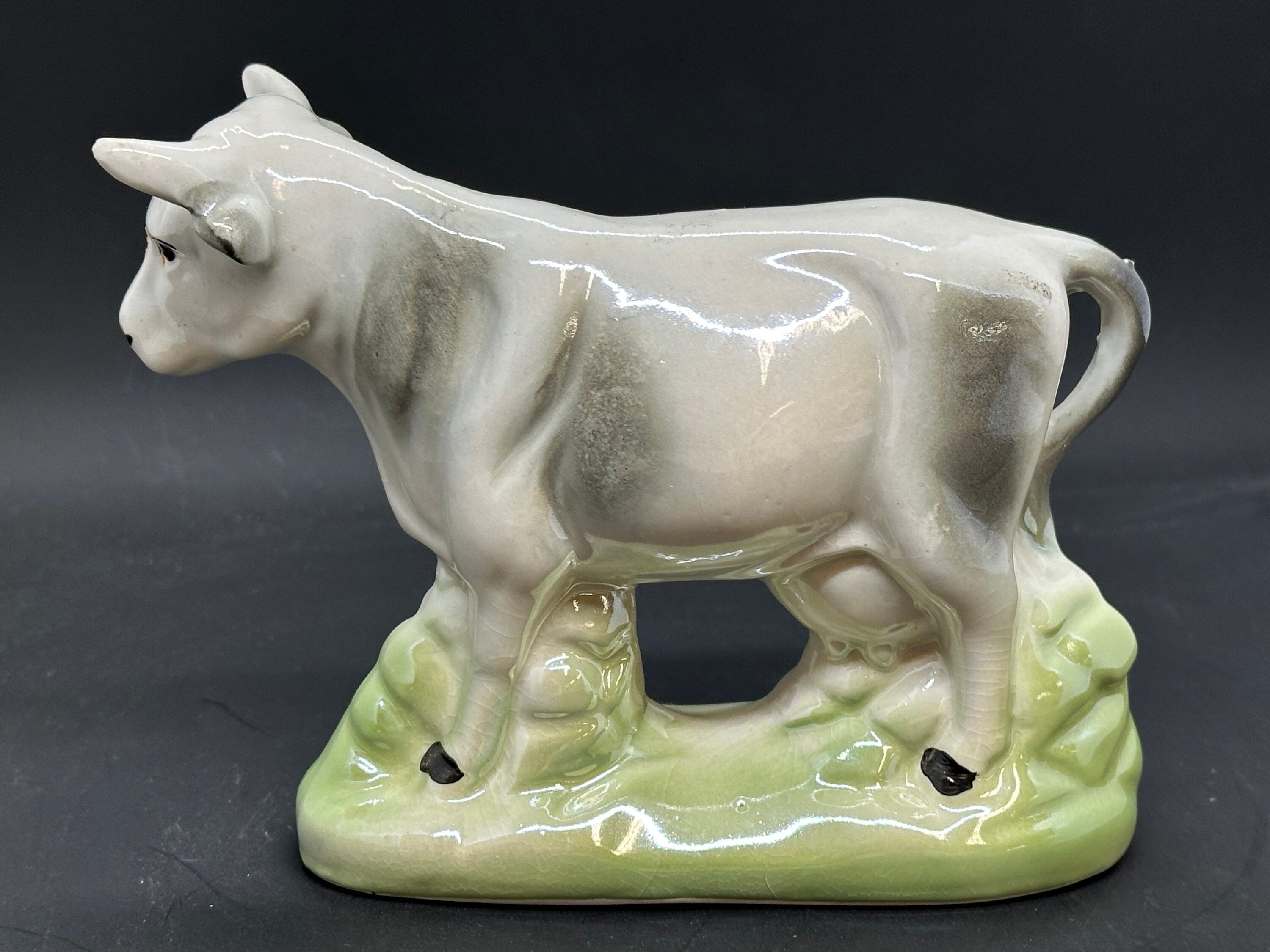 Vintage Opalescent Brazilian Cow Bull Pair, Glazed Ceramic Figurines, Collectible Animal Ceramic Animal