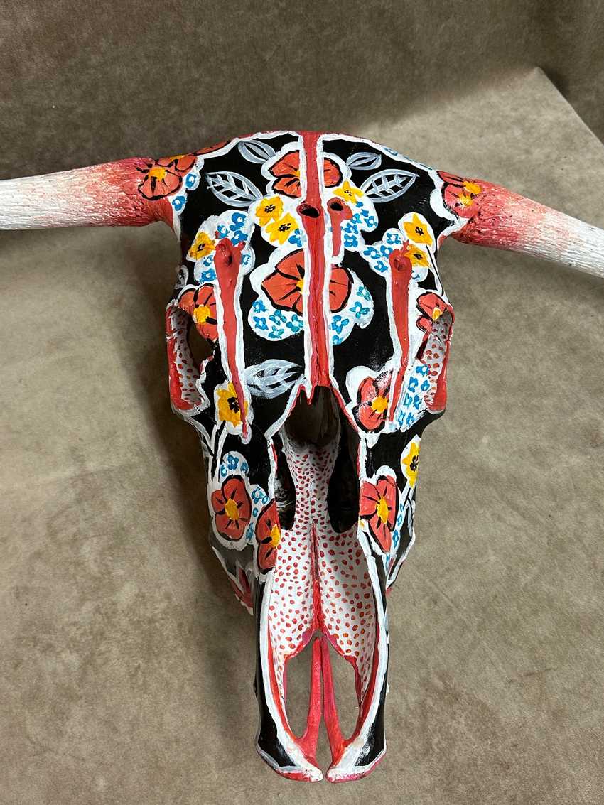 Hand Painted Black and Red Floral Cow Skull by Charlie Harris
