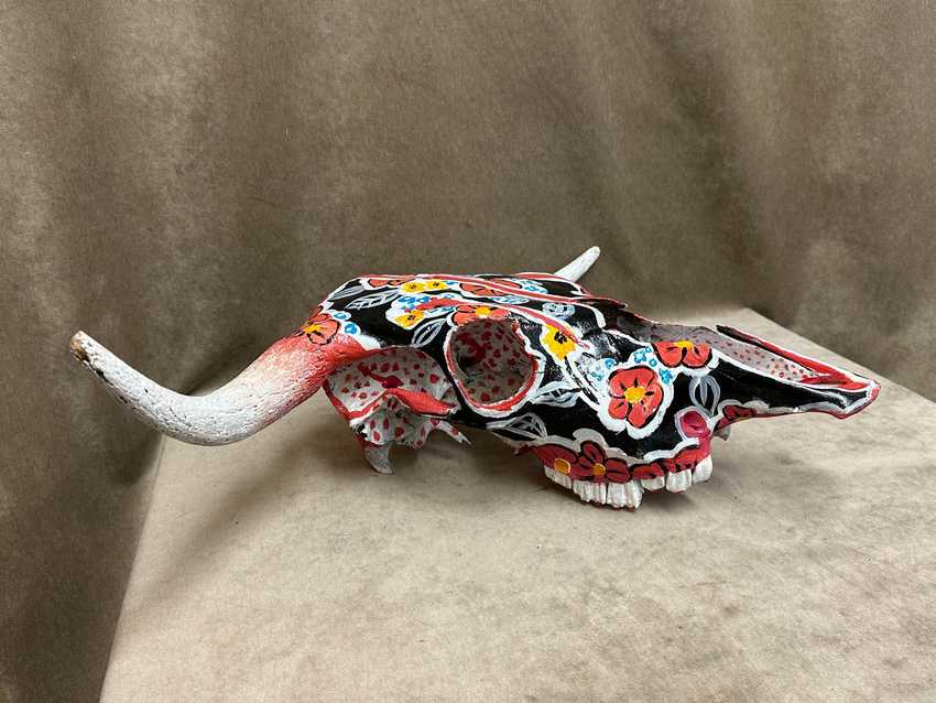 Hand Painted Black and Red Floral Cow Skull by Charlie Harris