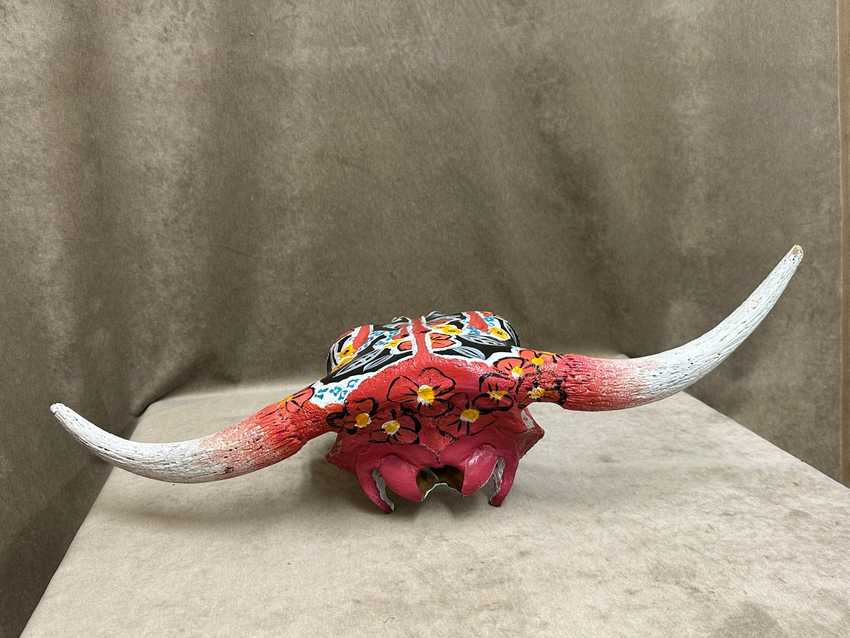 Hand Painted Black and Red Floral Cow Skull by Charlie Harris