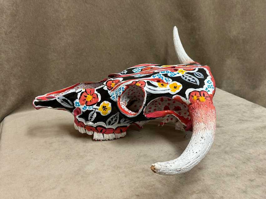 Hand Painted Black and Red Floral Cow Skull by Charlie Harris