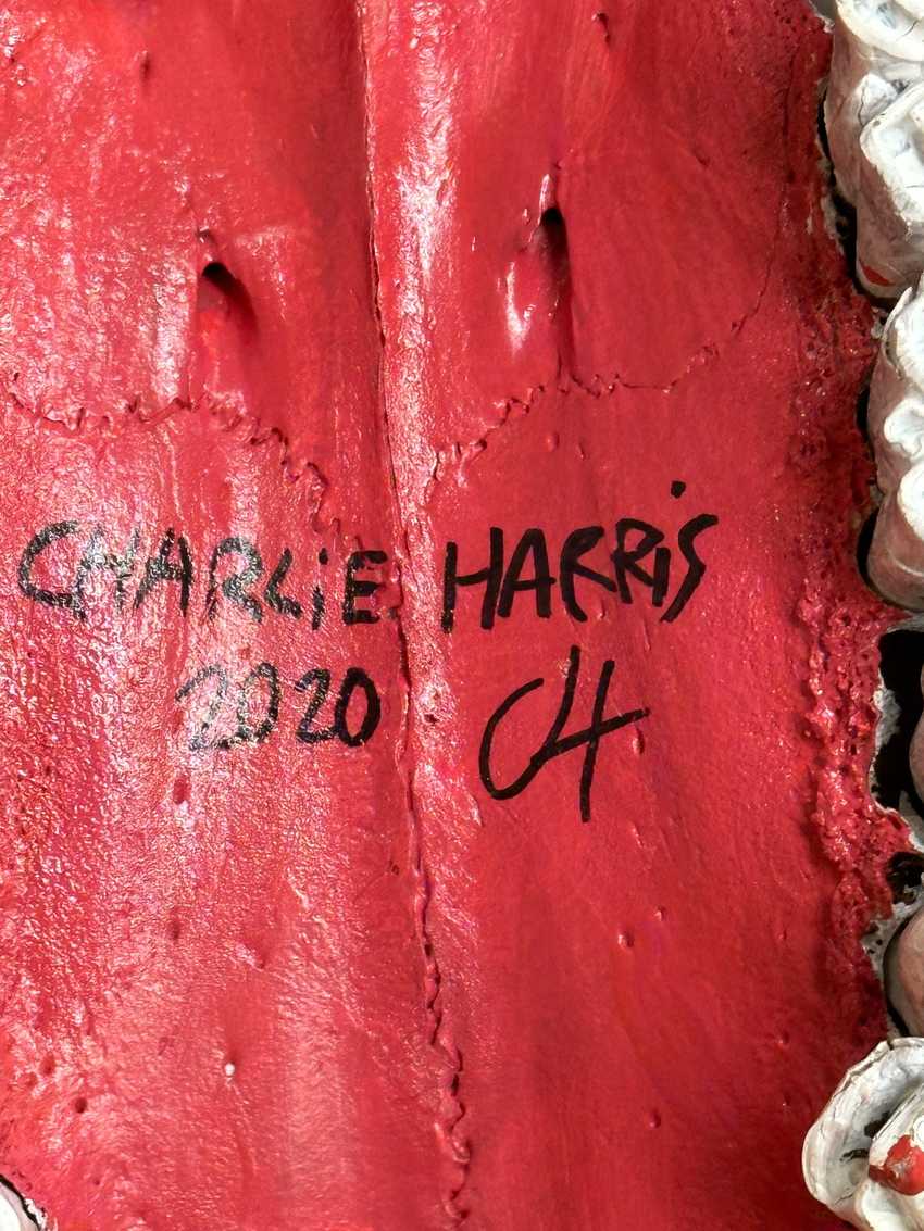 Hand Painted Black and Red Floral Cow Skull by Charlie Harris