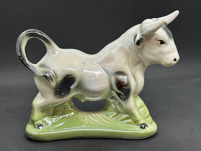 Vintage Opalescent Brazilian Cow Bull Pair, Glazed Ceramic Figurines, Collectible Animal Ceramic Animal