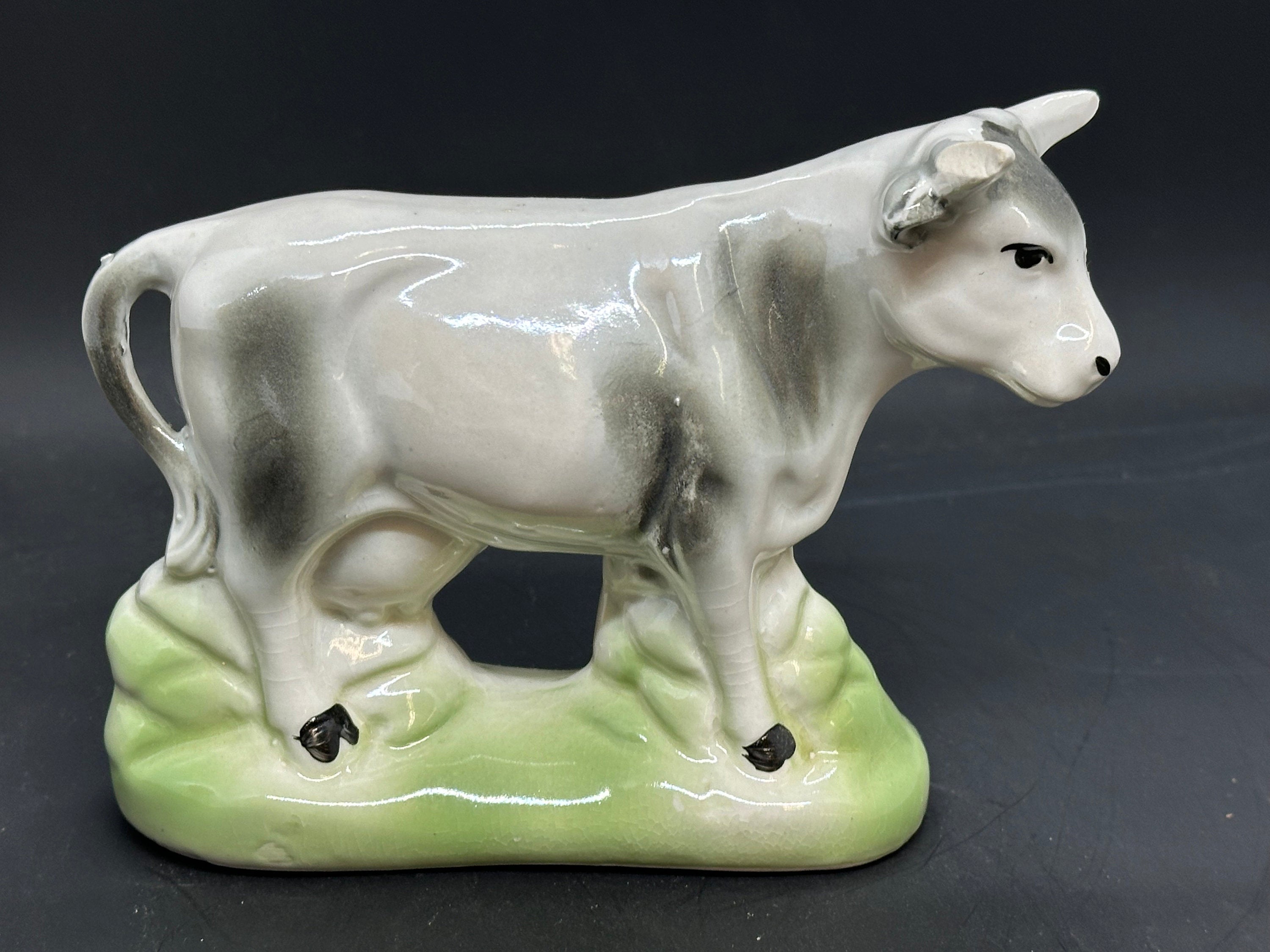Vintage Opalescent Brazilian Cow Bull Pair, Glazed Ceramic Figurines, Collectible Animal Ceramic Animal