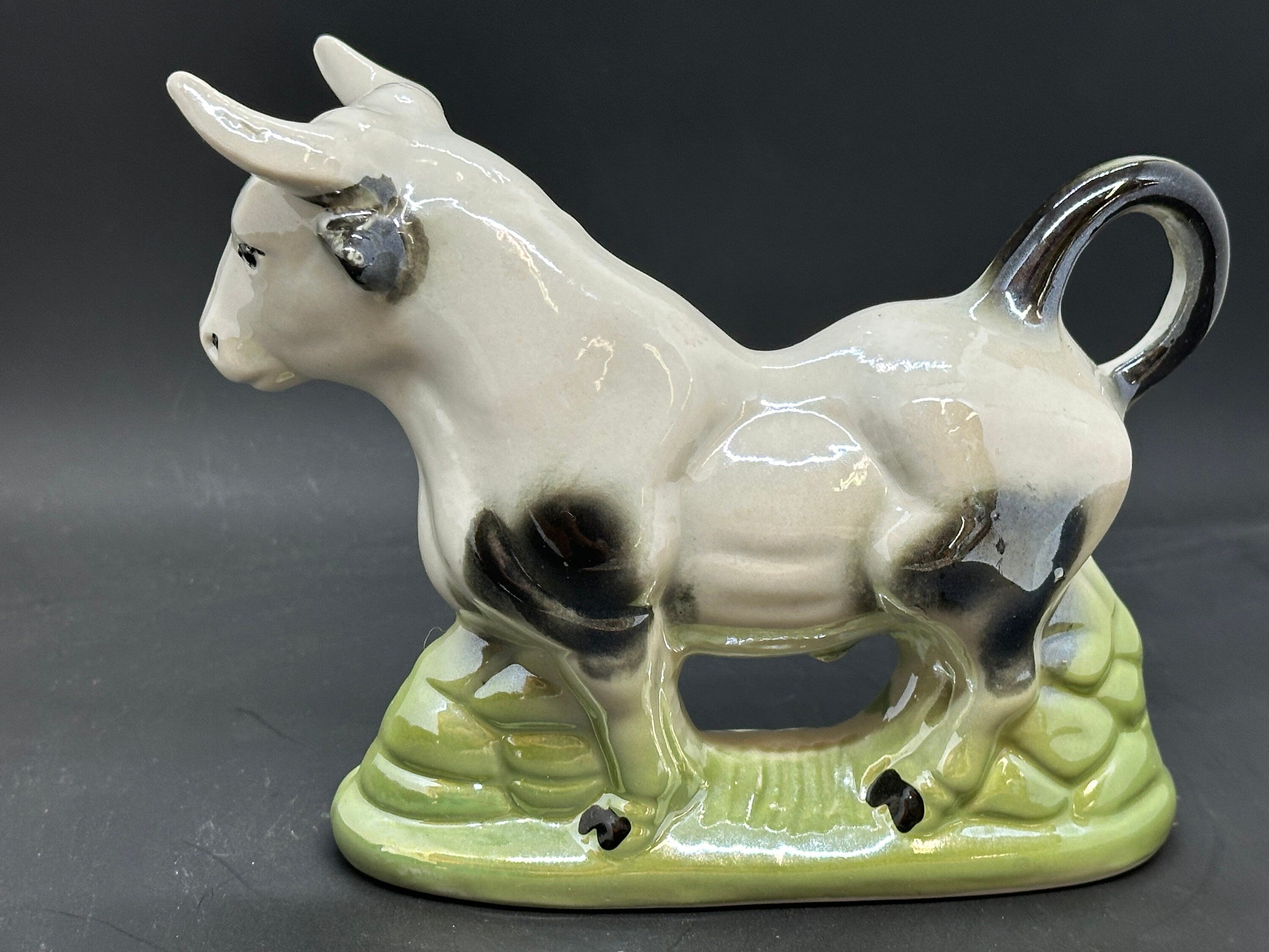 Vintage Opalescent Brazilian Cow Bull Pair, Glazed Ceramic Figurines, Collectible Animal Ceramic Animal