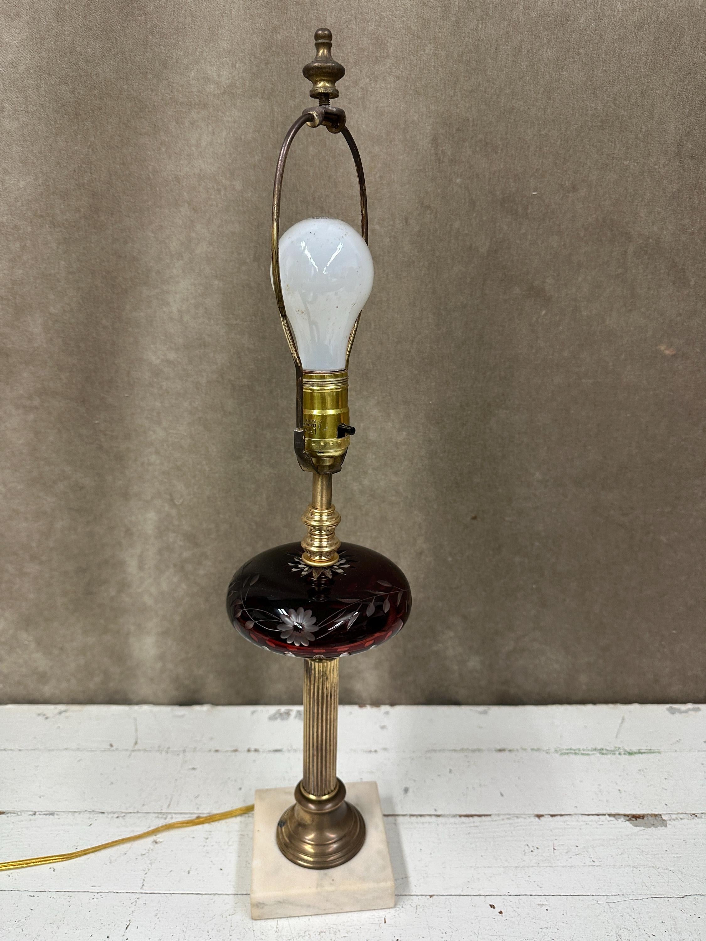 Ruby Cut to Clear Glass and Brass Lamp