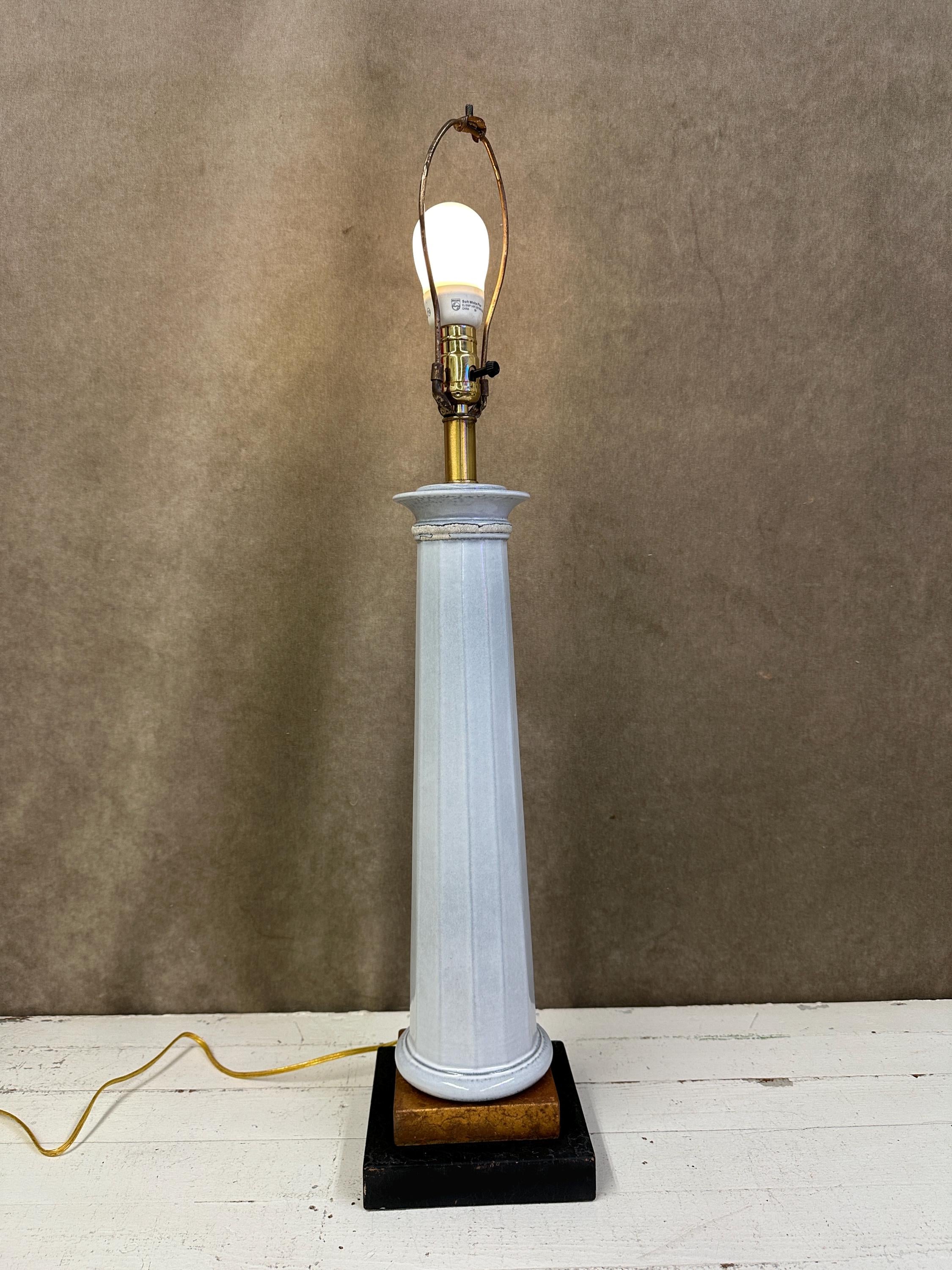 Tall Ceramic Column Lamp on Gold and Black Base