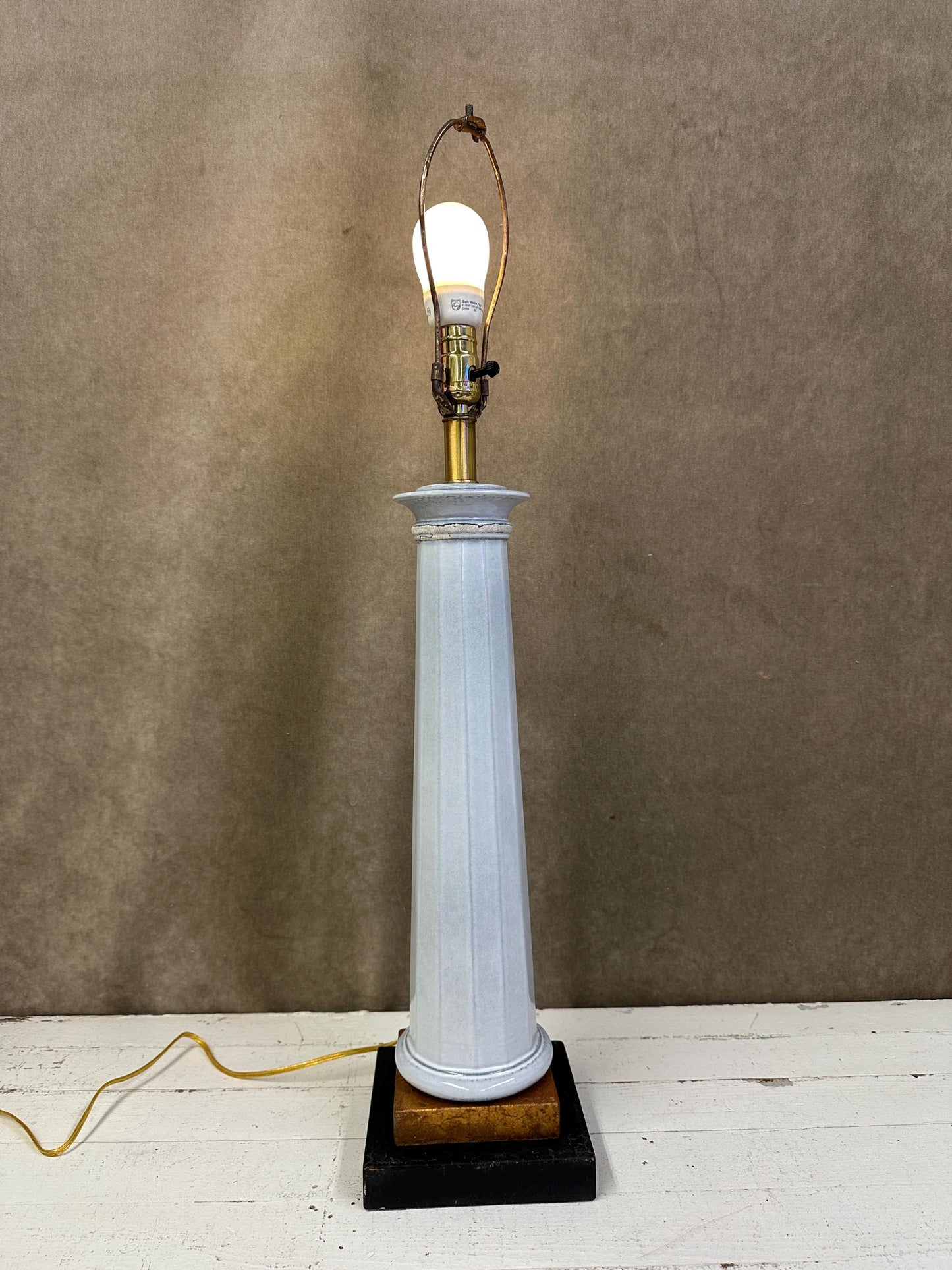 Tall Ceramic Column Lamp on Gold and Black Base